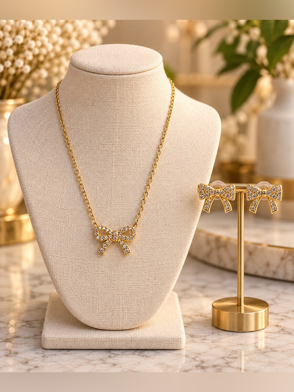 Francesca's Collections Gold Crystal Bow Necklace & Earrings Set